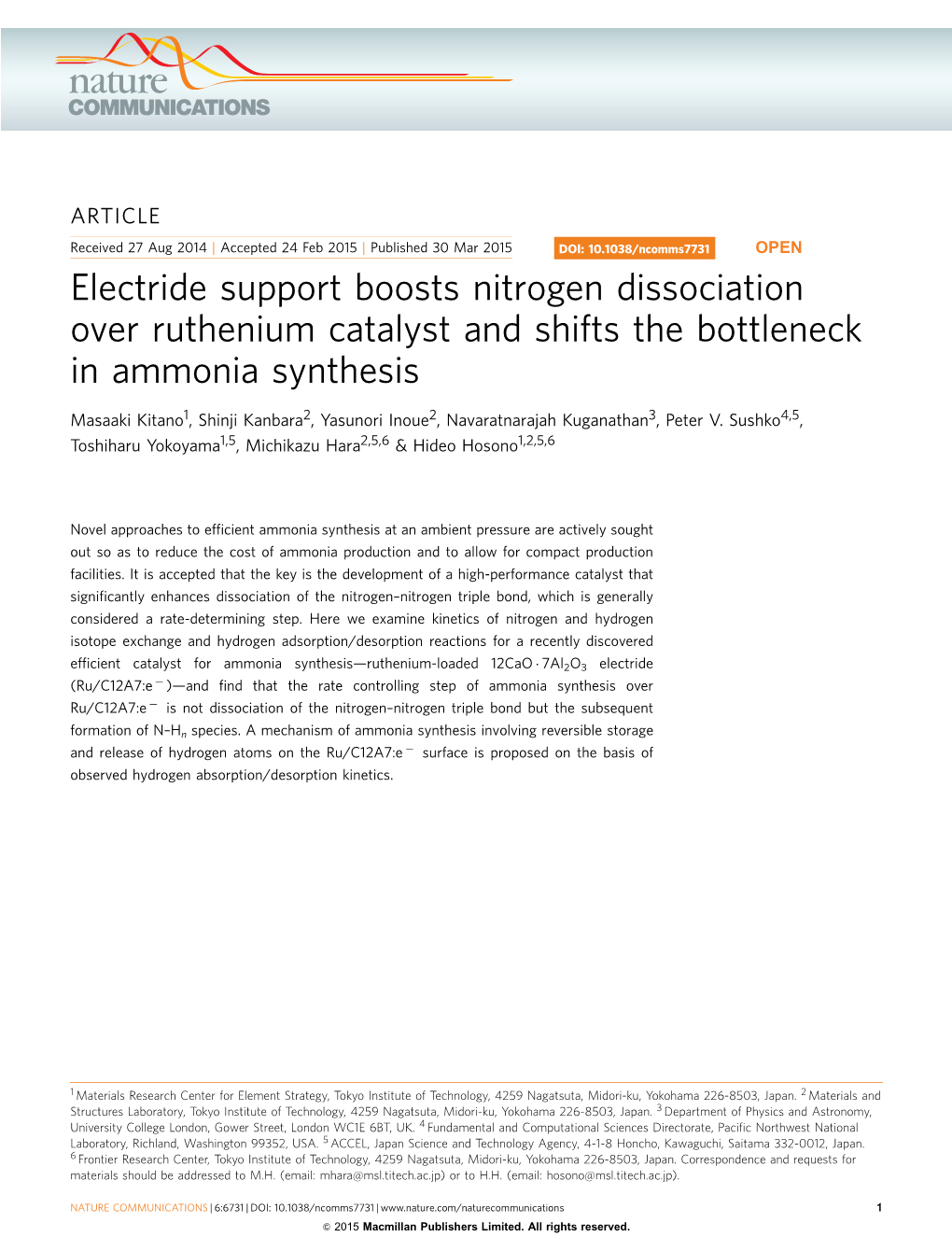 Electride Support Boosts Nitrogen Dissociation Over Ruthenium Catalyst and Shifts the Bottleneck in Ammonia Synthesis