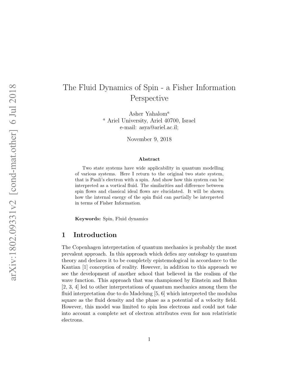 The Fluid Dynamics of Spin-A Fisher Information Perspective