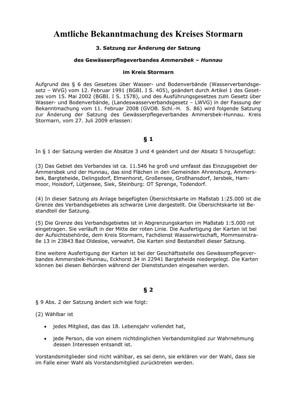 3. Satzung Zur Änderung Der Satzung Des Gewässerpflegeverbandes Ammersbek