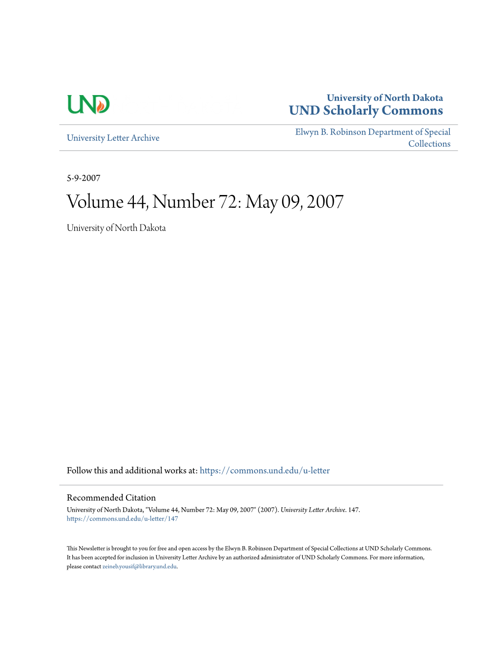 Volume 44, Number 72: May 09, 2007 University of North Dakota