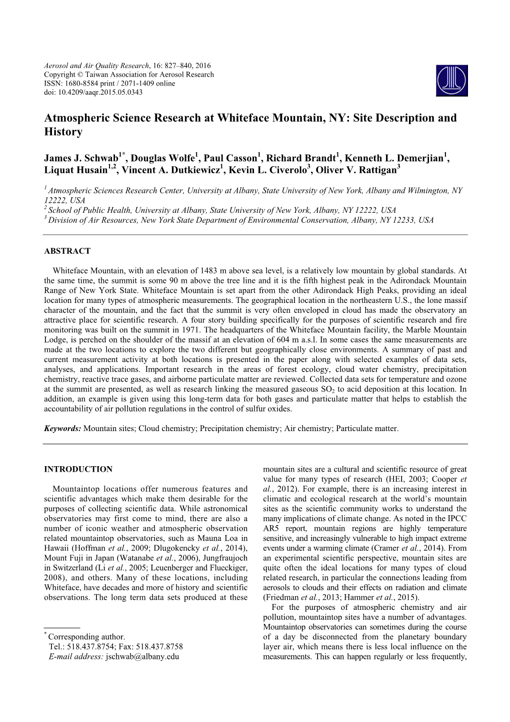 Atmospheric Science Research at Whiteface Mountain, NY: Site Description and History