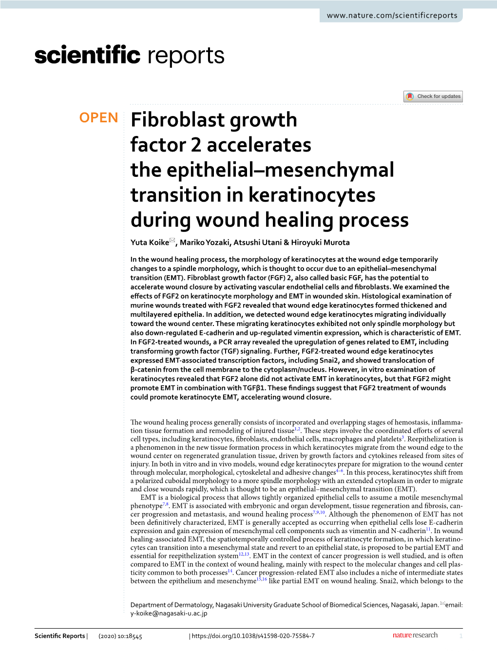 Fibroblast Growth Factor 2 Accelerates the Epithelial–Mesenchymal Transition in Keratinocytes During Wound Healing Process