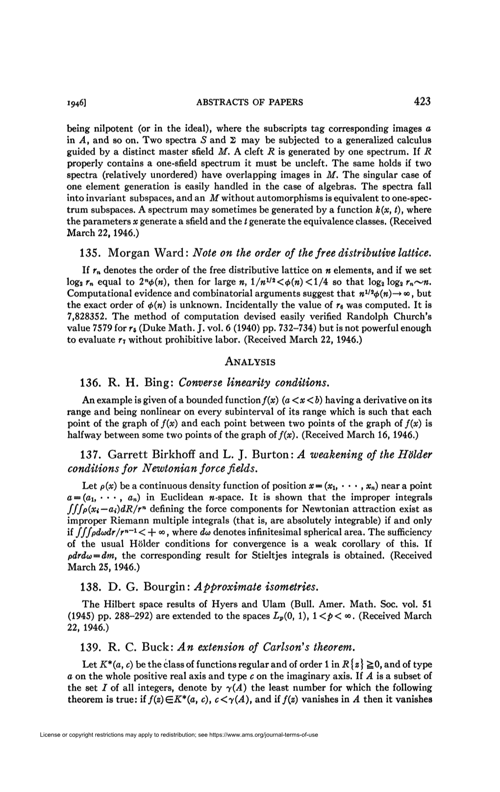 135. Morgan Ward: Note on the Order of the Free Distributive Lattice. 136