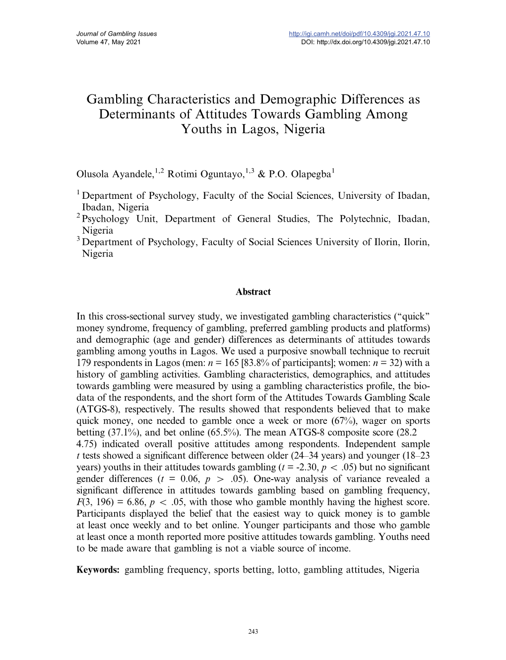 Gambling Characteristics and Demographic Differences As Determinants of Attitudes Towards Gambling Among Youths in Lagos, Nigeria