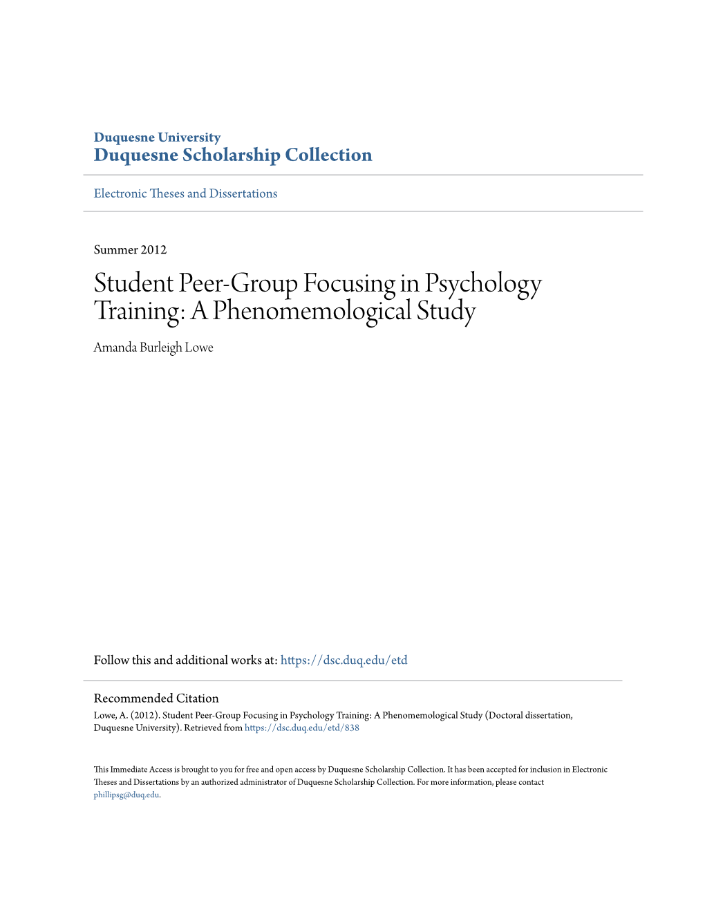 Student Peer-Group Focusing in Psychology Training: a Phenomemological Study Amanda Burleigh Lowe