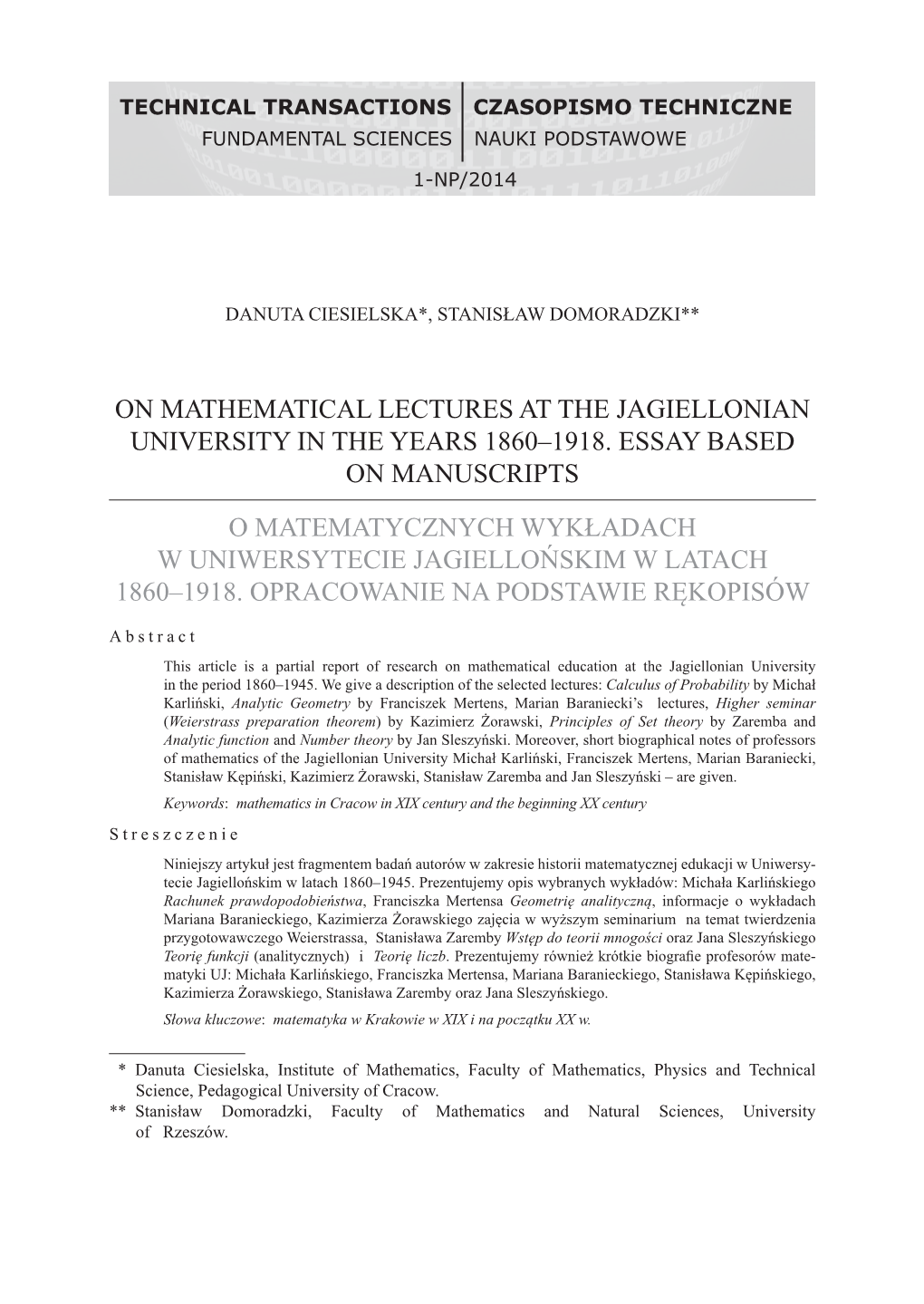 On Mathematical Lectures at the Jagiellonian University in the Years 1860‒1918