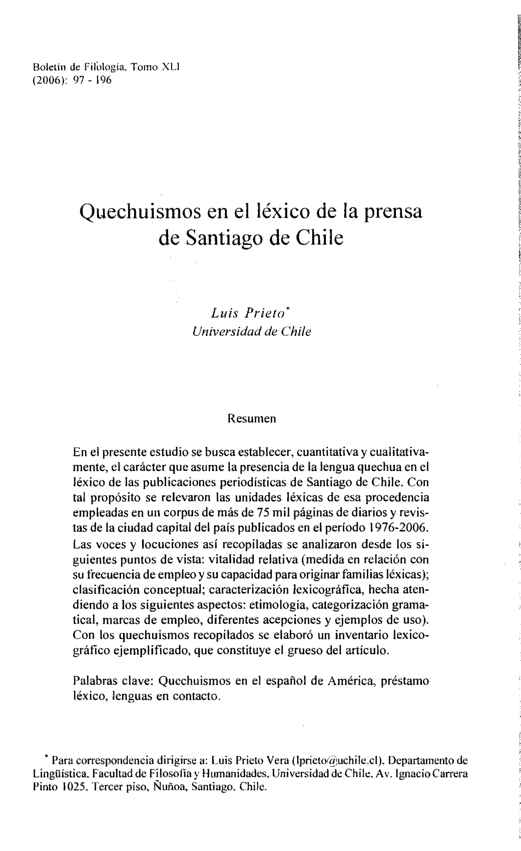 Quechuismos En El Léxico De La Prensa De Santiago De Chile