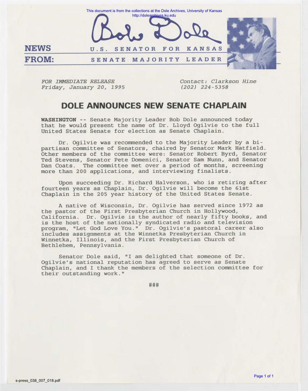 Dole Announces New Senate Chaplain