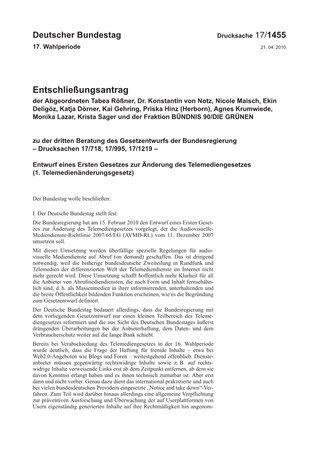 Entschließungsantrag Der Abgeordneten Tabea Rößner, Dr