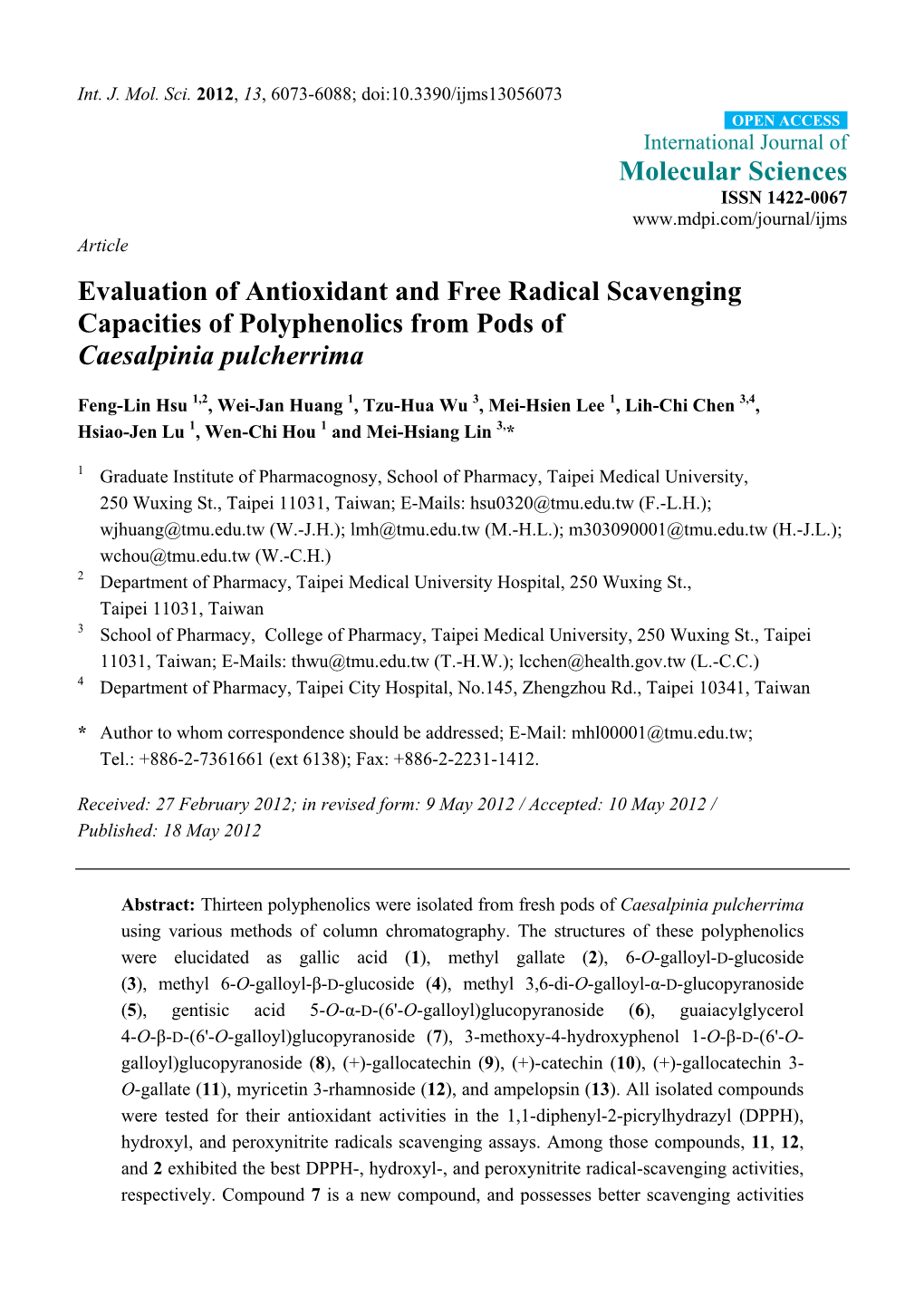 Evaluation of Antioxidant and Free Radical Scavenging Capacities of Polyphenolics from Pods of Caesalpinia Pulcherrima