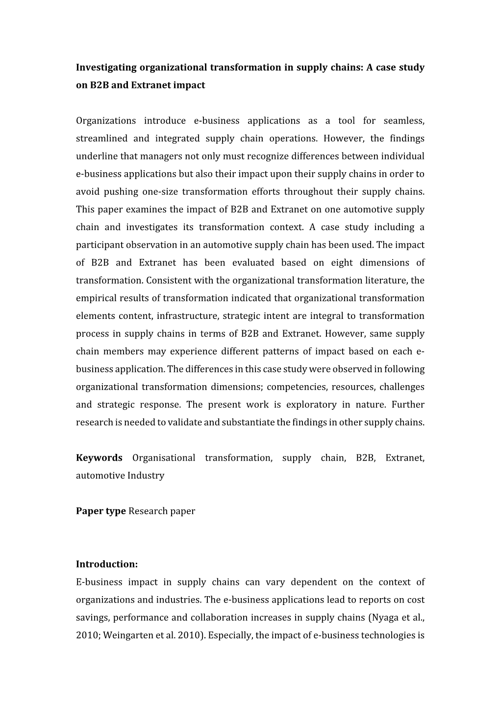 Investigating Organizational Transformation in Supply Chains: a Case Study on B2B and Extranet Impact