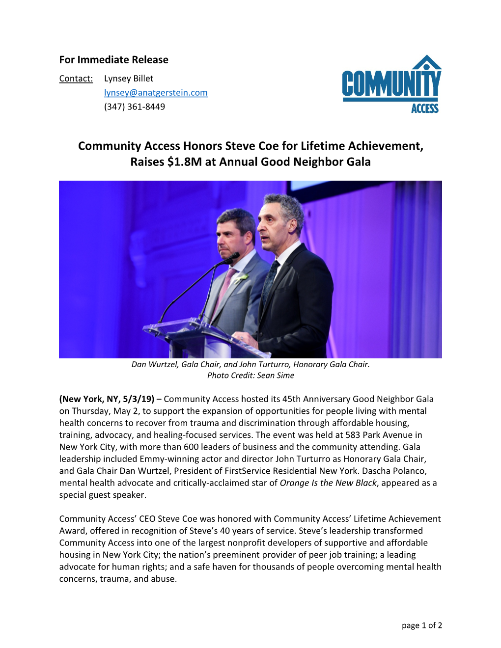 Community Access Honors Steve Coe for Lifetime Achievement, Raises $1.8M at Annual Good Neighbor Gala