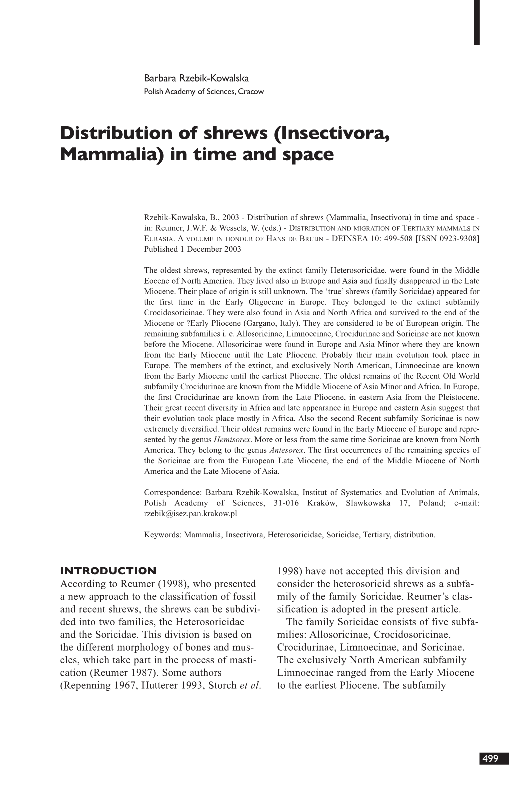 Distribution of Shrews (Insectivora, Mammalia) in Time and Space