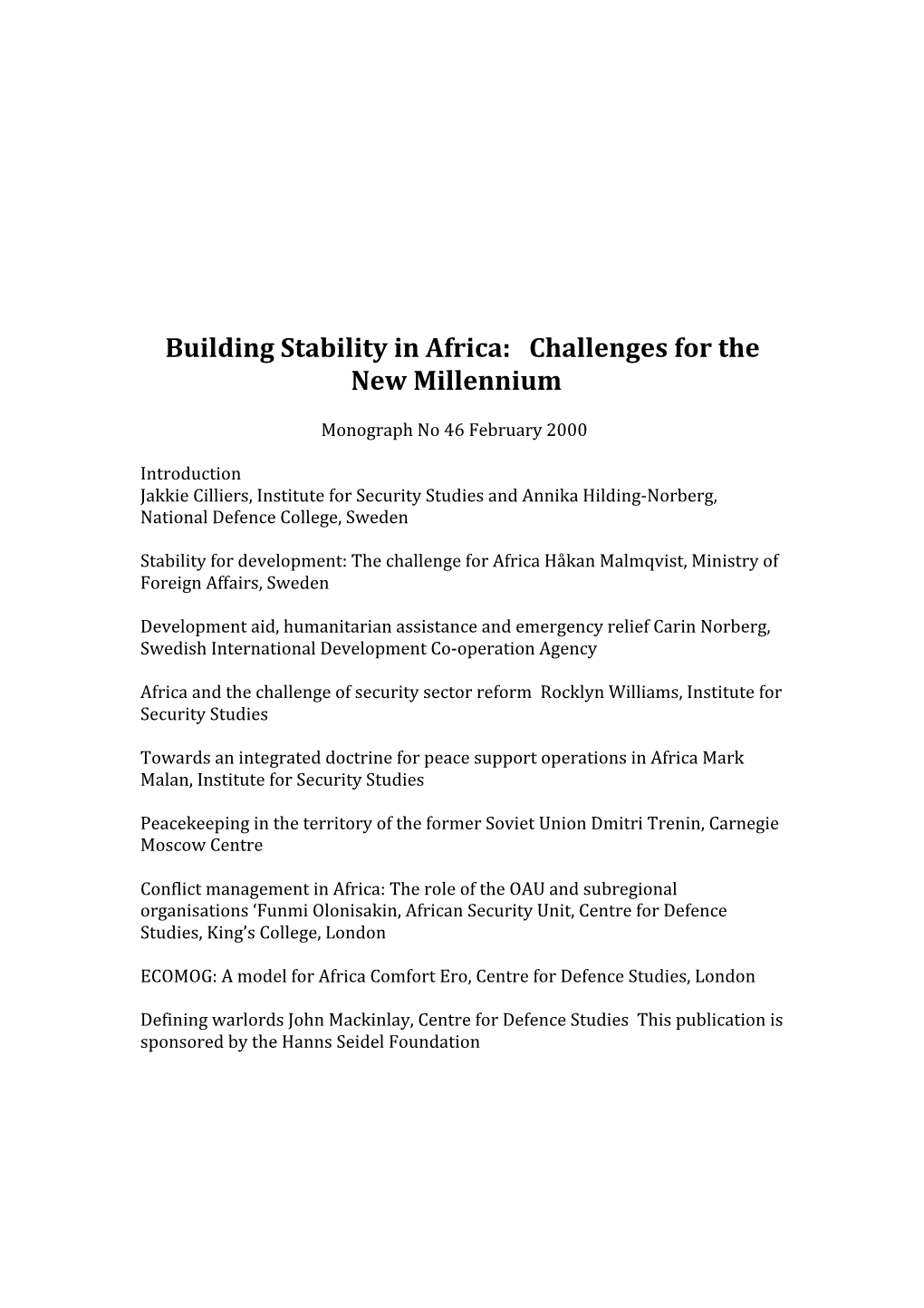 Building Stability in Africa: Challenges for the New Millennium