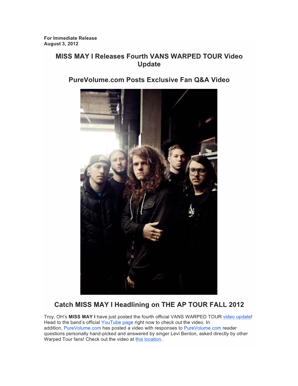 MISS MAY I Releases Fourth VANS WARPED TOUR Video Update