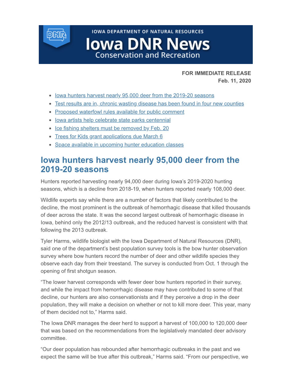 Iowa Hunters Harvest Nearly 95,000 Deer from the 2019-20 Seasons