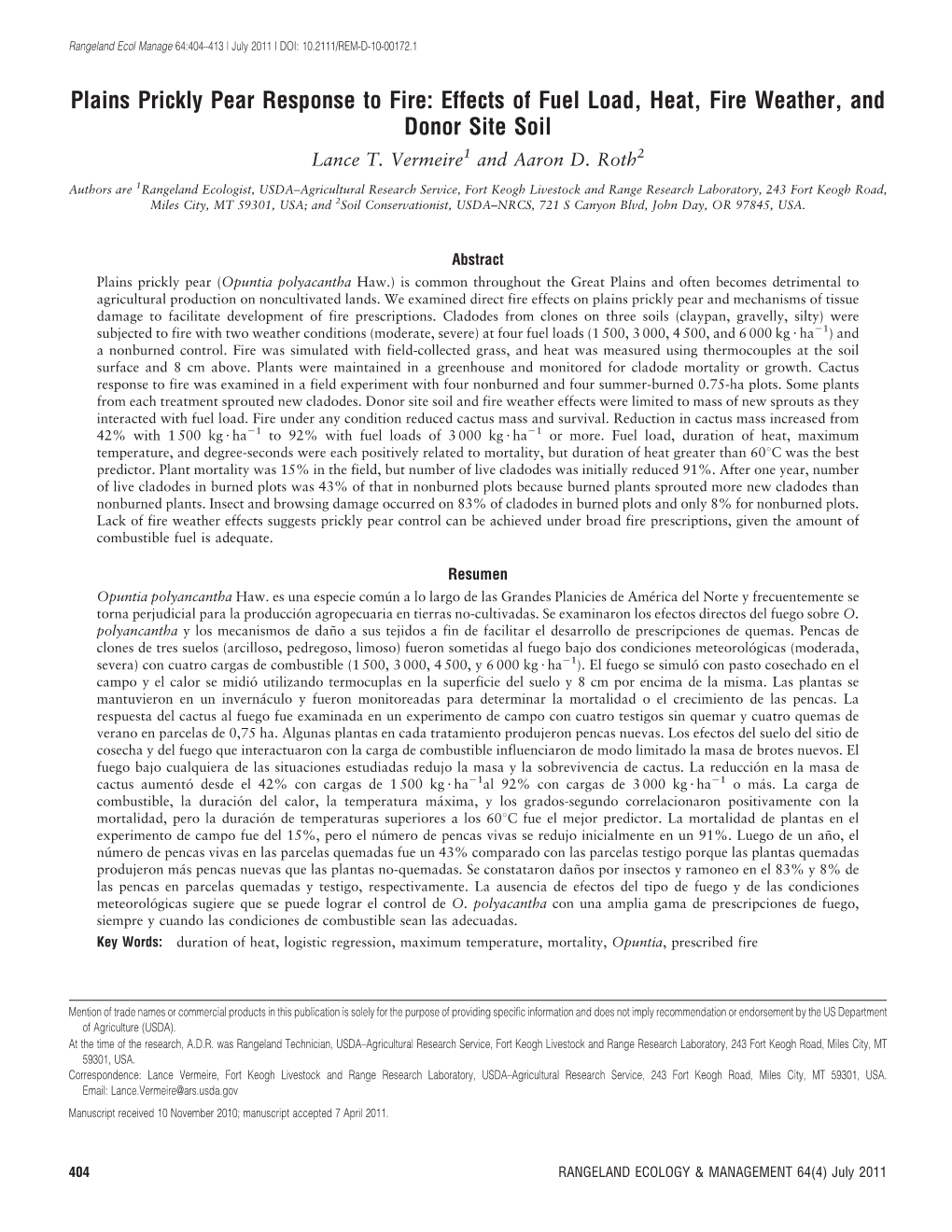 Plains Prickly Pear Response to Fire: Effects of Fuel Load, Heat, Fire Weather, and Donor Site Soil Lance T