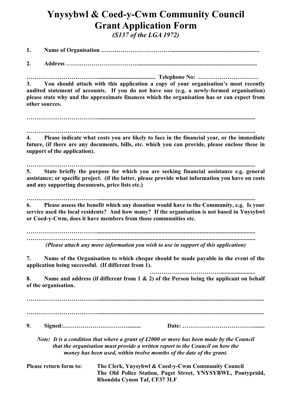 Ynysybwl & Coed-Y-Cwm Community Council Grant Application Form