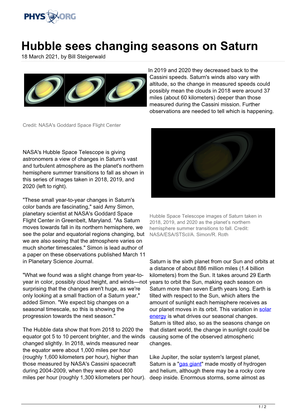 Hubble Sees Changing Seasons on Saturn 18 March 2021, by Bill Steigerwald