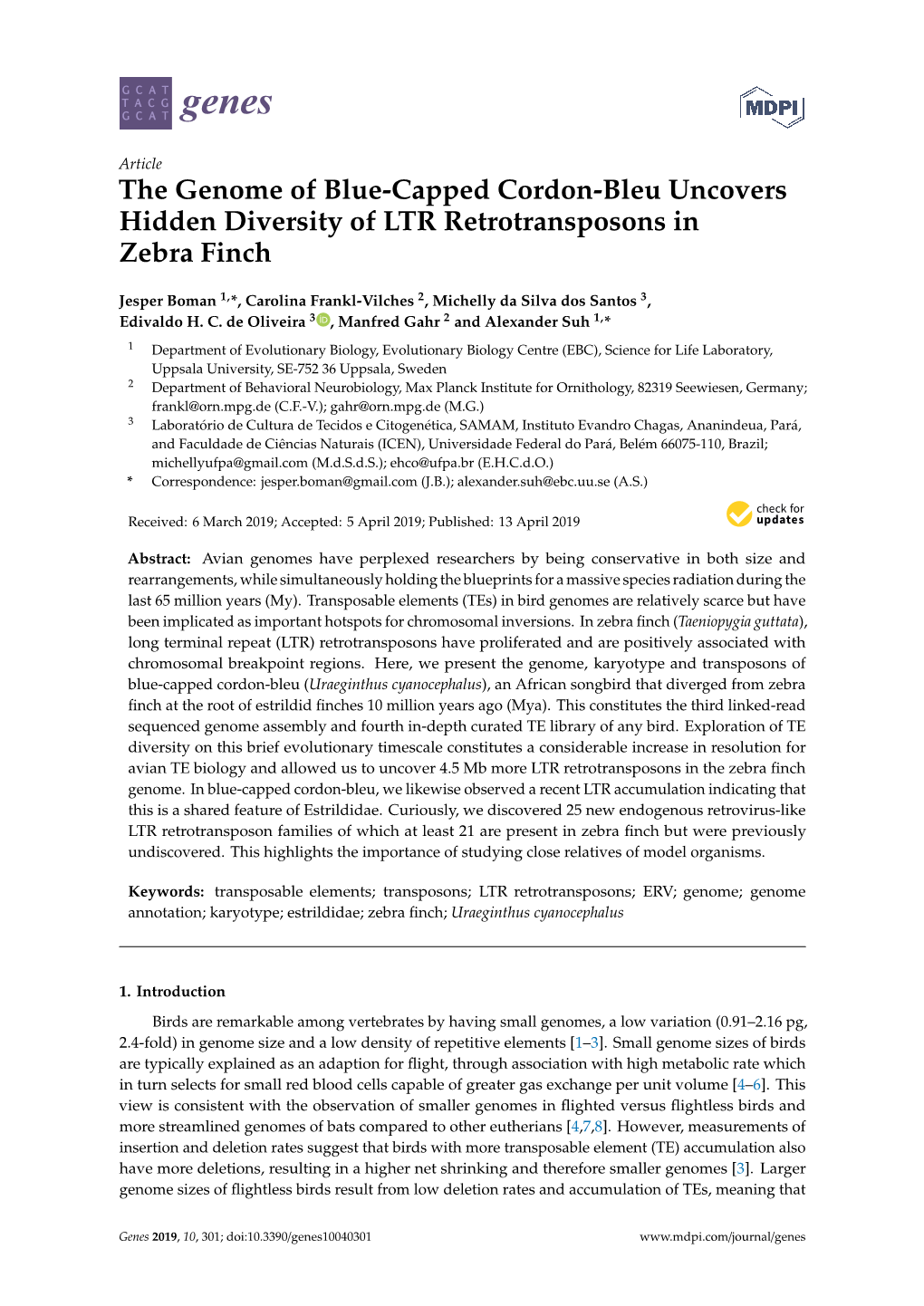 The Genome of Blue-Capped Cordon-Bleu Uncovers Hidden Diversity of LTR Retrotransposons in Zebra Finch