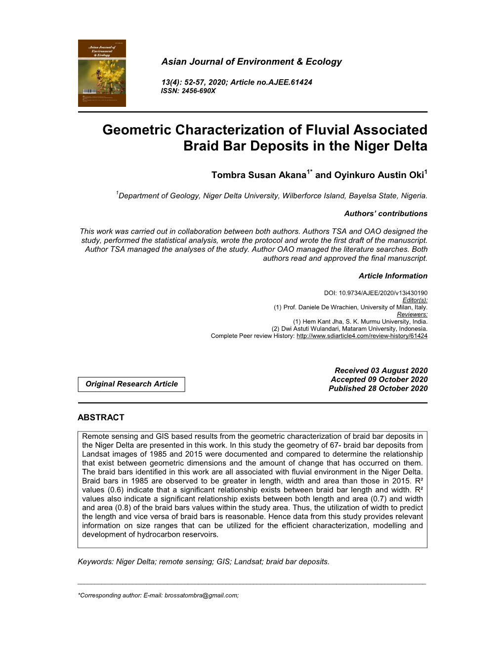 Geometric Characterization of Fluvial Associated Braid Bar Deposits in the Niger Delta