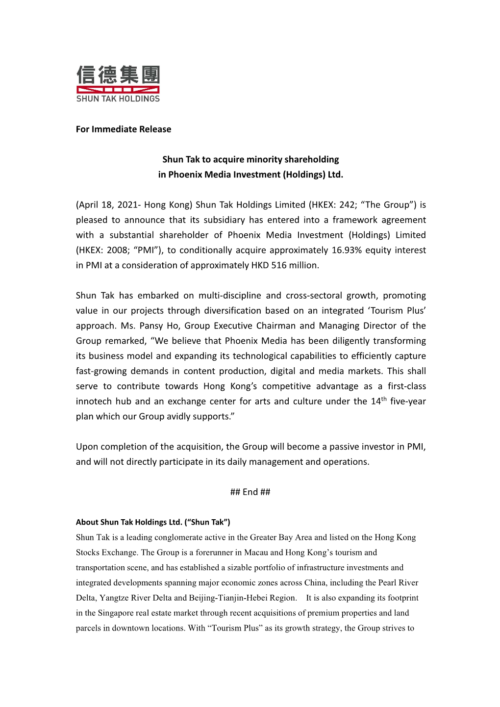 Shun Tak to Acquire Minority Shareholding in Phoenix Media Investment (Holdings) Ltd