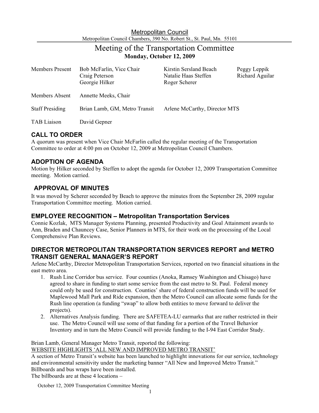 Meeting of the Transportation Committee Monday, October 12, 2009