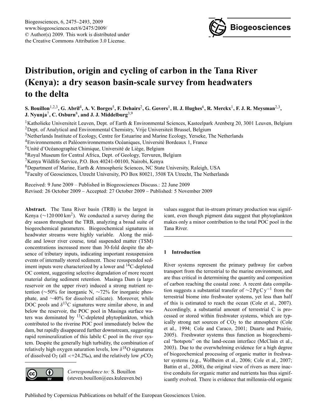 Distribution, Origin and Cycling of Carbon in the Tana River (Kenya): a Dry Season Basin-Scale Survey from Headwaters to the Delta