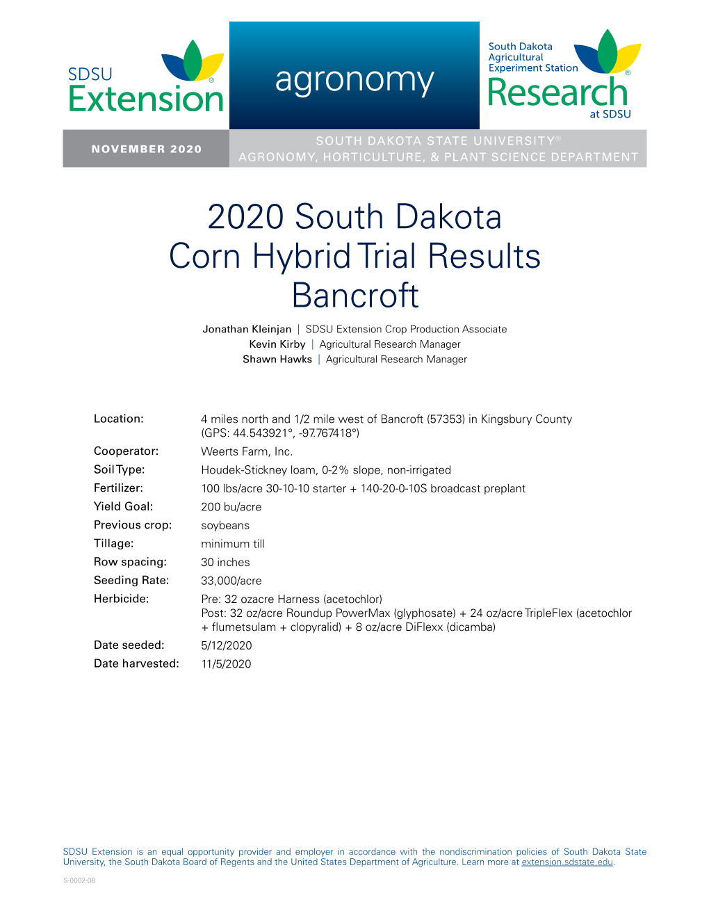 2020 South Dakota Corn Hybrid Trial Results