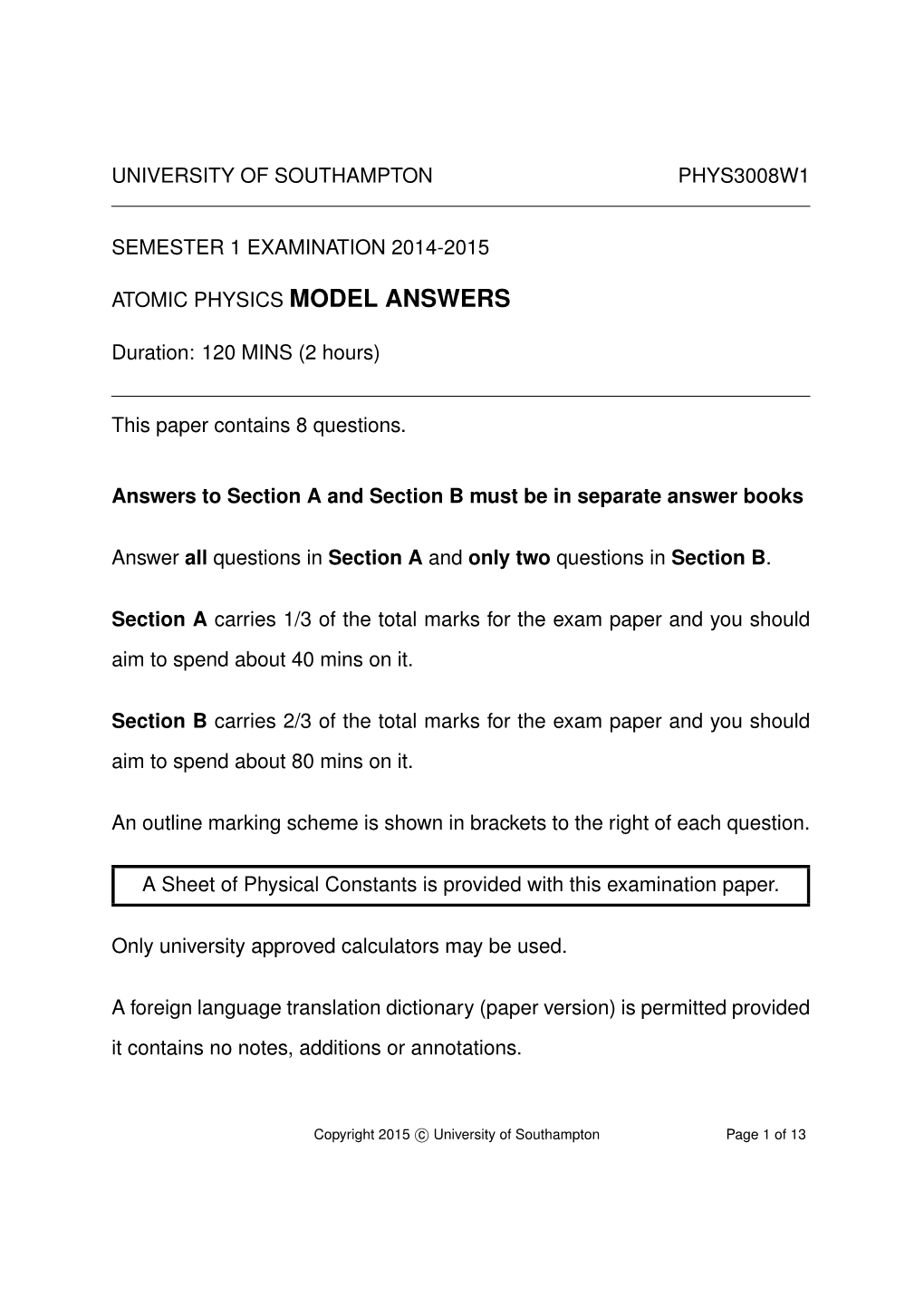 University of Southampton Phys3008w1 Semester 1