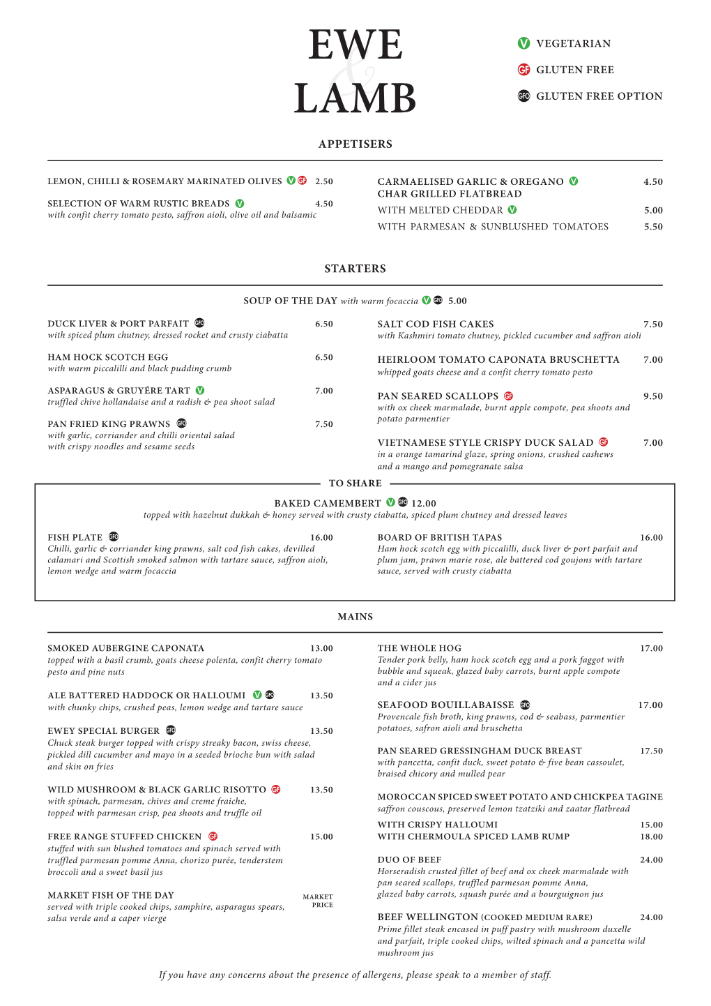 Ewe and Lamb Menu