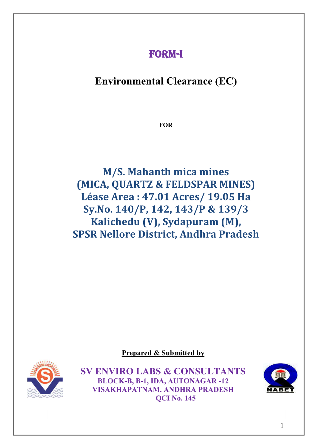 FORM-I Environmental Clearance (EC) M/S. Mahanth Mica Mines