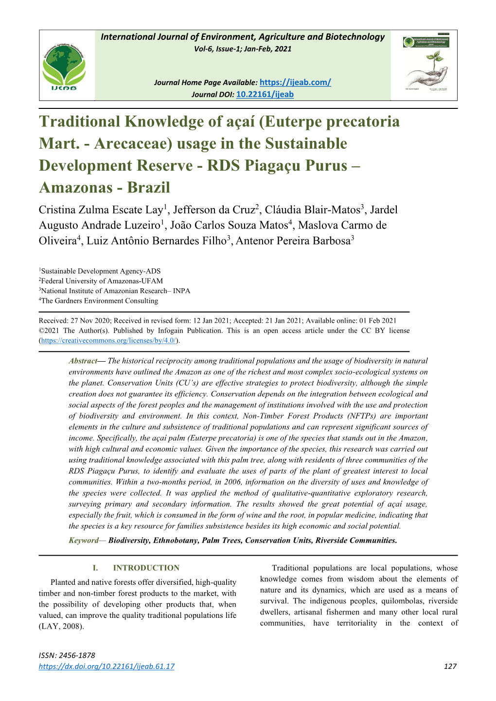 Traditional Knowledge of Açaí (Euterpe Precatoria Mart