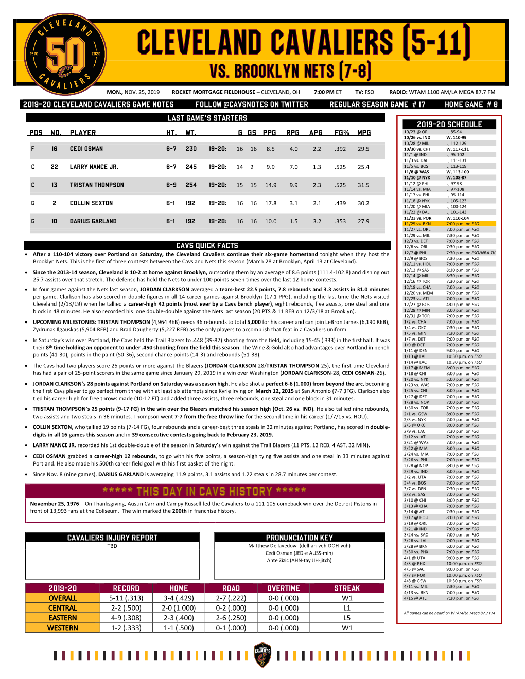 2019-20 Cleveland Cavaliers Game Notes Follow @Cavsnotes on Twitter Regular Season Game # 17 Home Game # 8