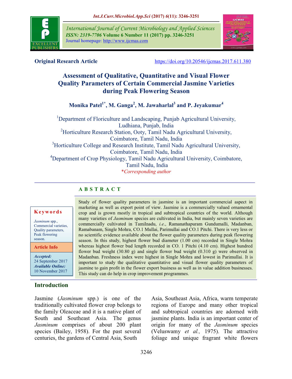 Assessment of Qualitative, Quantitative and Visual Flower Quality Parameters of Certain Commercial Jasmine Varieties During Peak Flowering Season