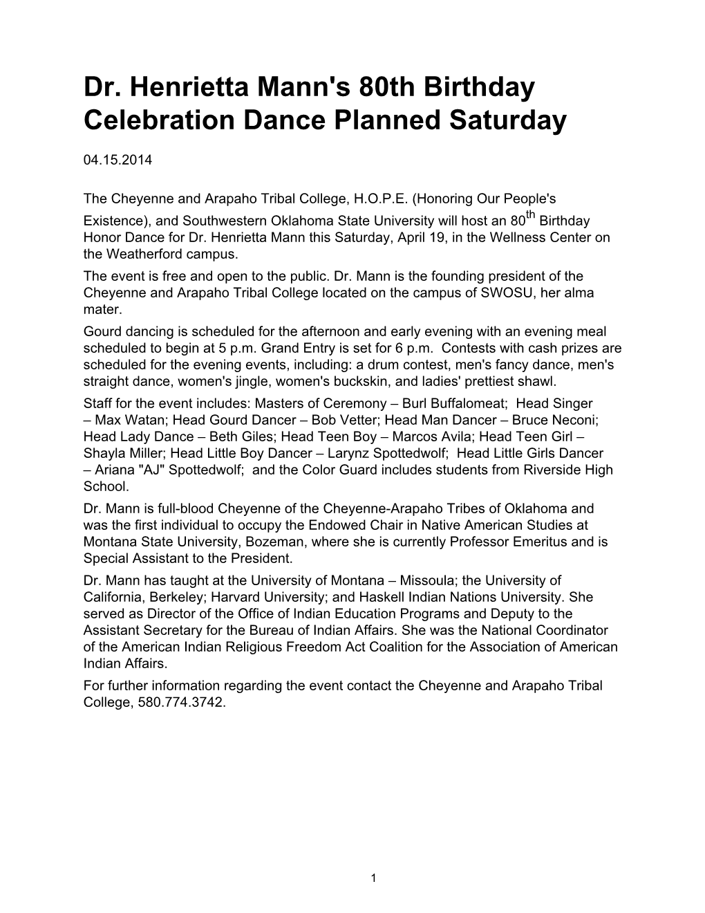04-15-2014 Dr. Henrietta Mann's 80Th Birthday Celebration Dance Planned Saturday