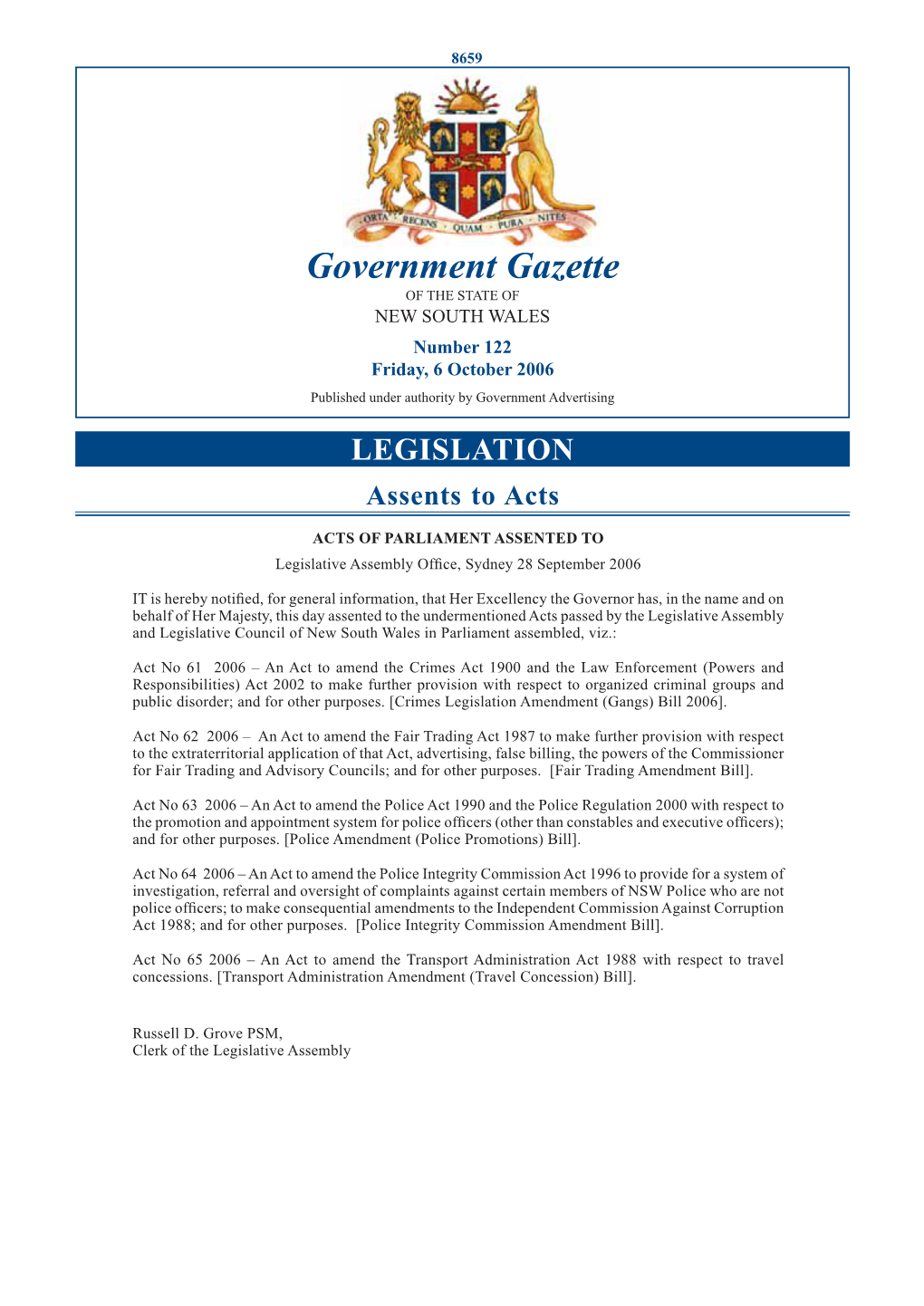 Government Gazette of the STATE of NEW SOUTH WALES Number 122 Friday, 6 October 2006 Published Under Authority by Government Advertising