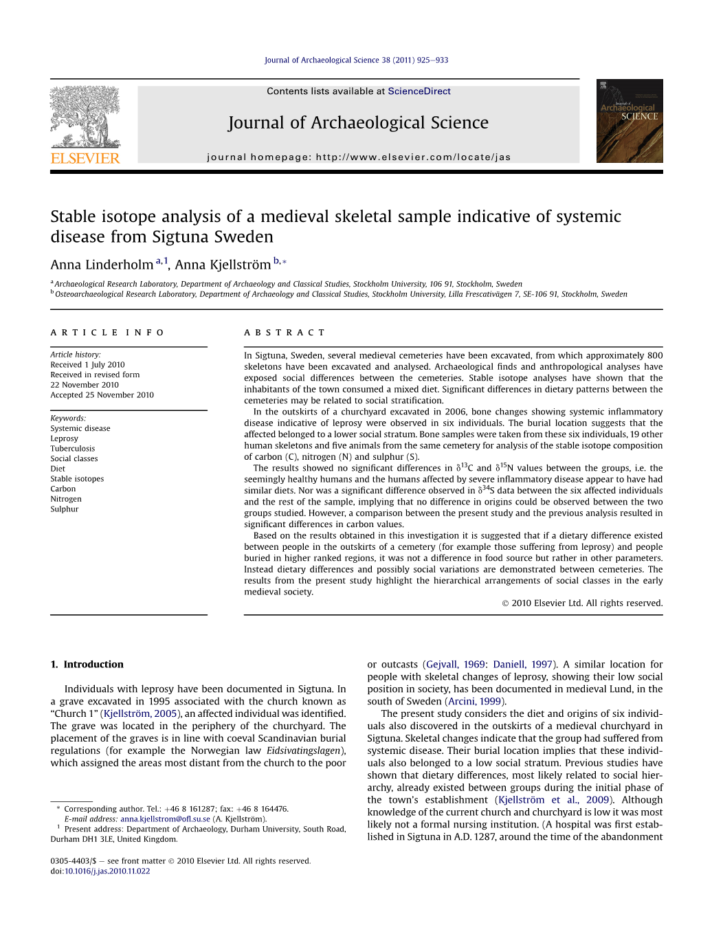 Stable Isotope Analysis of a Medieval Skeletal Sample Indicative of Systemic Disease from Sigtuna Sweden