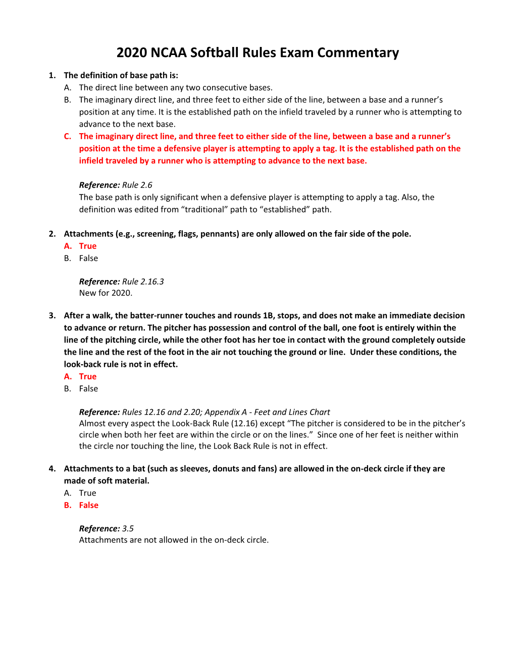2020 NCAA Softball Rules Exam Commentary