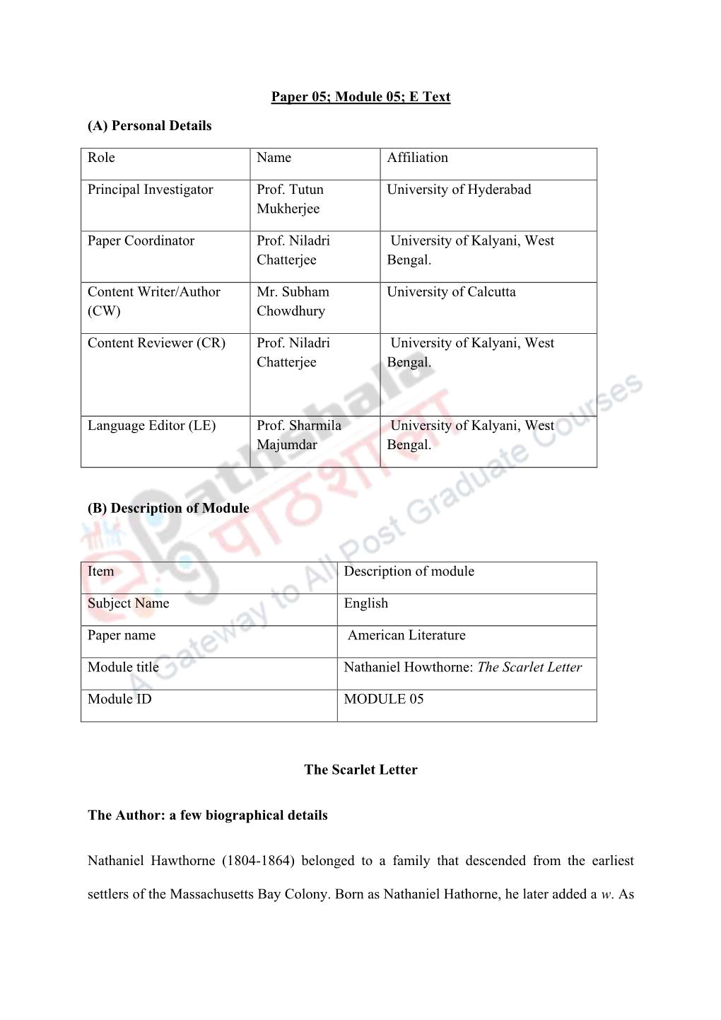 Paper 05; Module 05; E Text (A) Personal Details