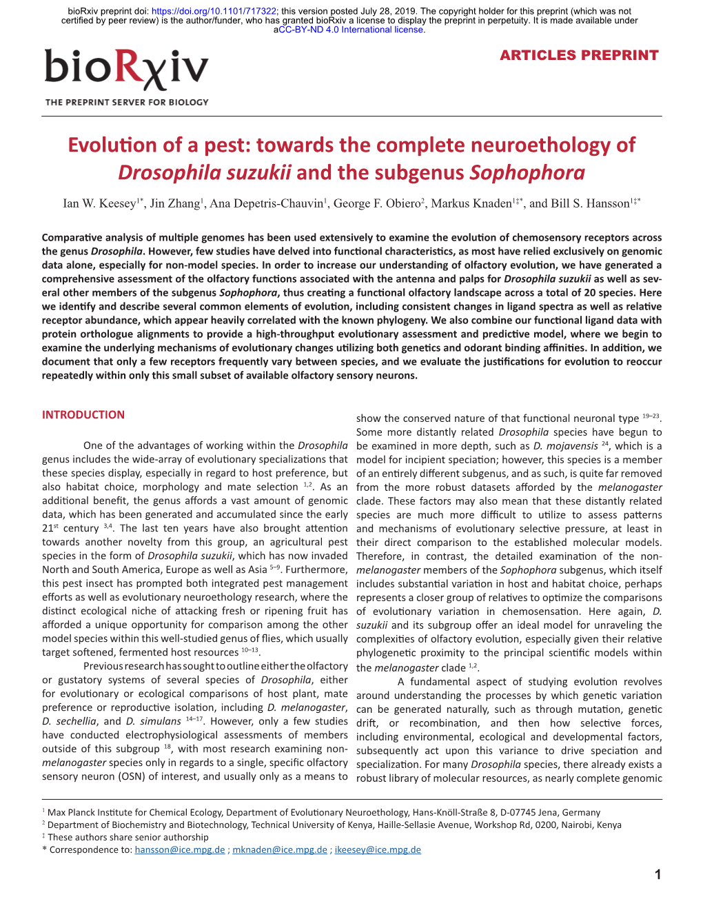 Towards the Complete Neuroethology of Drosophila Suzukii and the Subgenus Sophophora Ian W