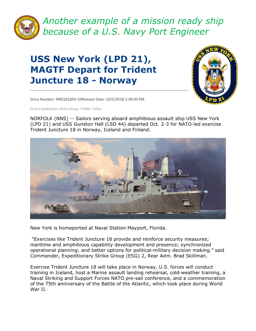 LPD 21), MAGTF Depart for Trident Juncture 18 - Norway
