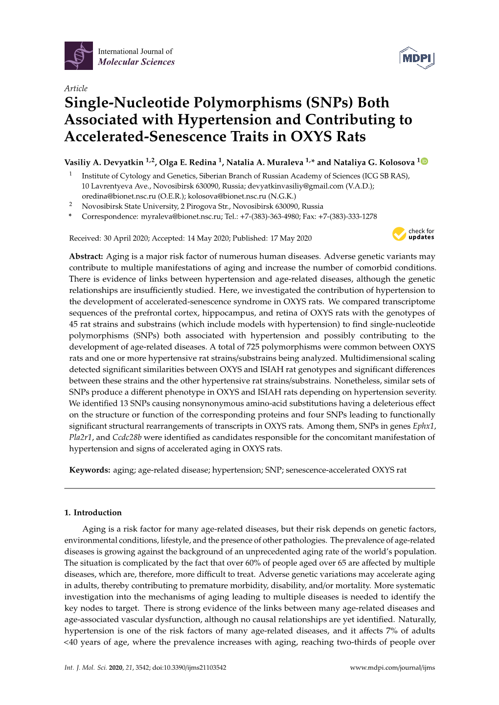 Single-Nucleotide Polymorphisms (Snps) Both Associated with Hypertension and Contributing to Accelerated-Senescence Traits in OXYS Rats