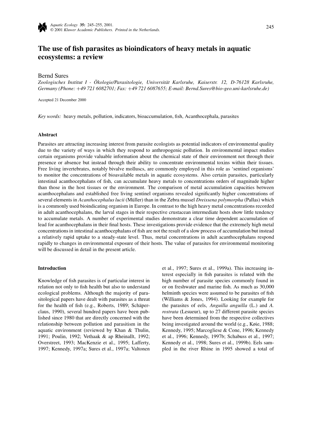 The Use of Fish Parasites As Bioindicators of Heavy Metals In