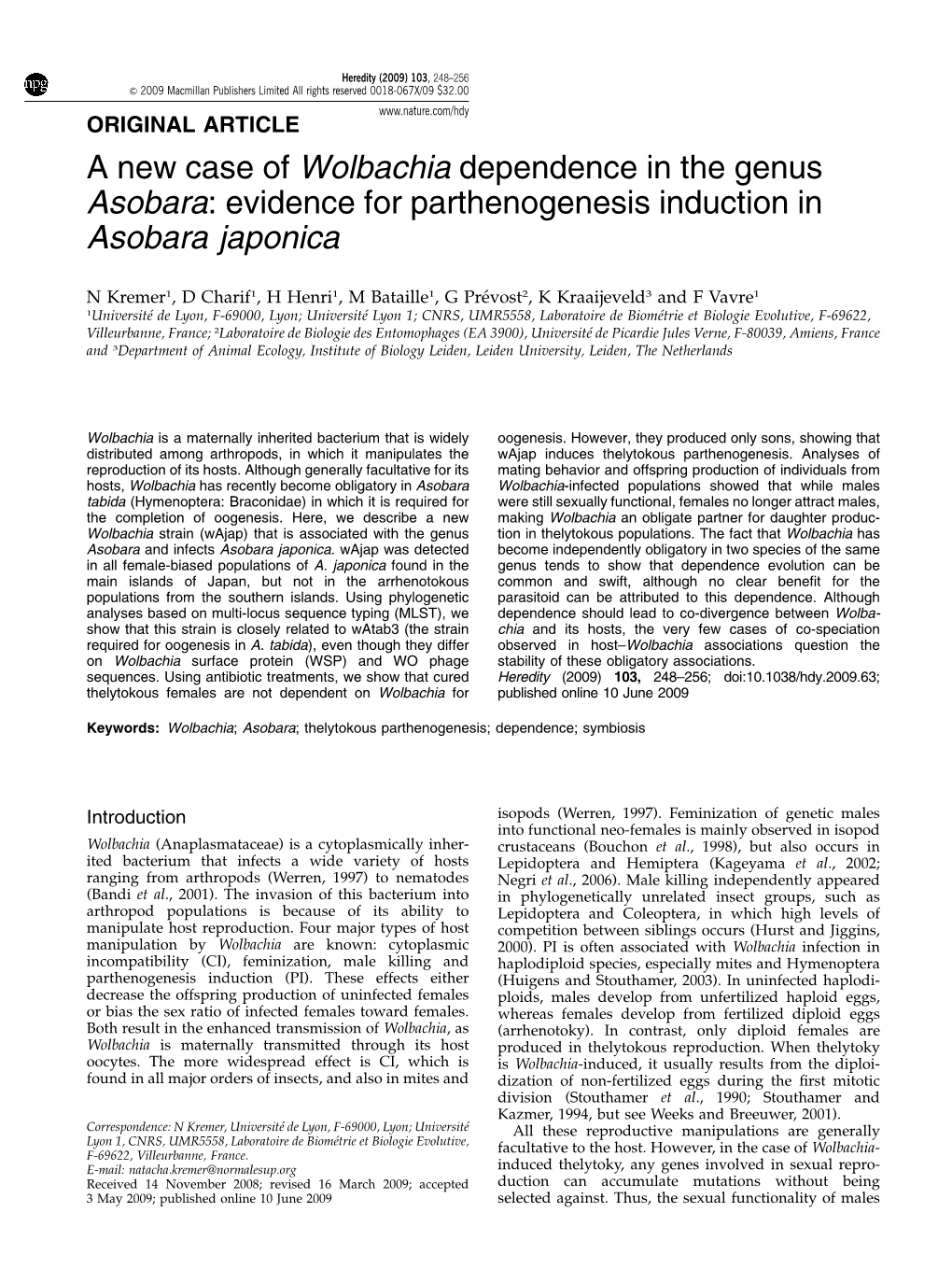 Evidence for Parthenogenesis Induction in Asobara Japonica