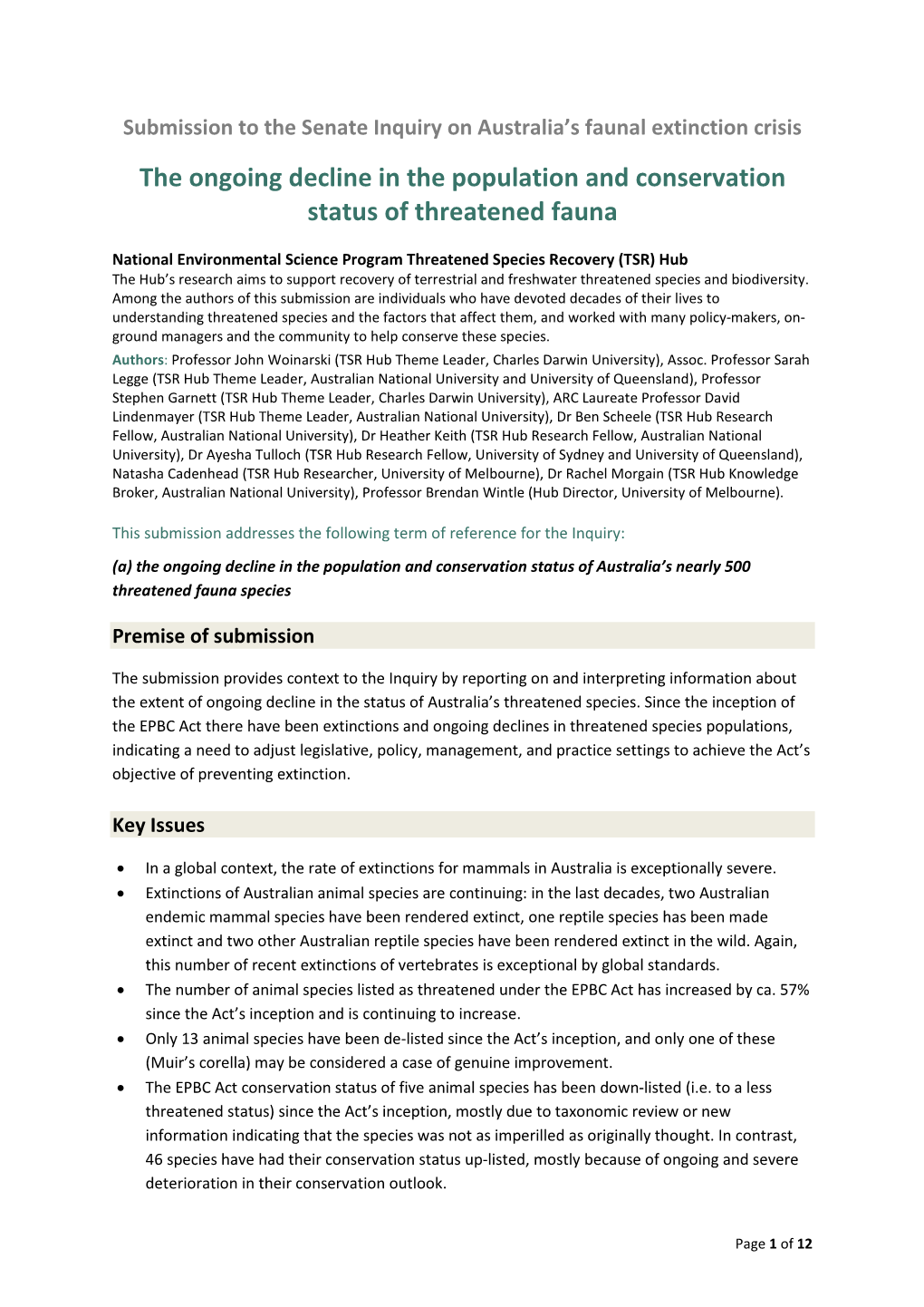 The Ongoing Decline in the Population and Conservation Status of Threatened Fauna