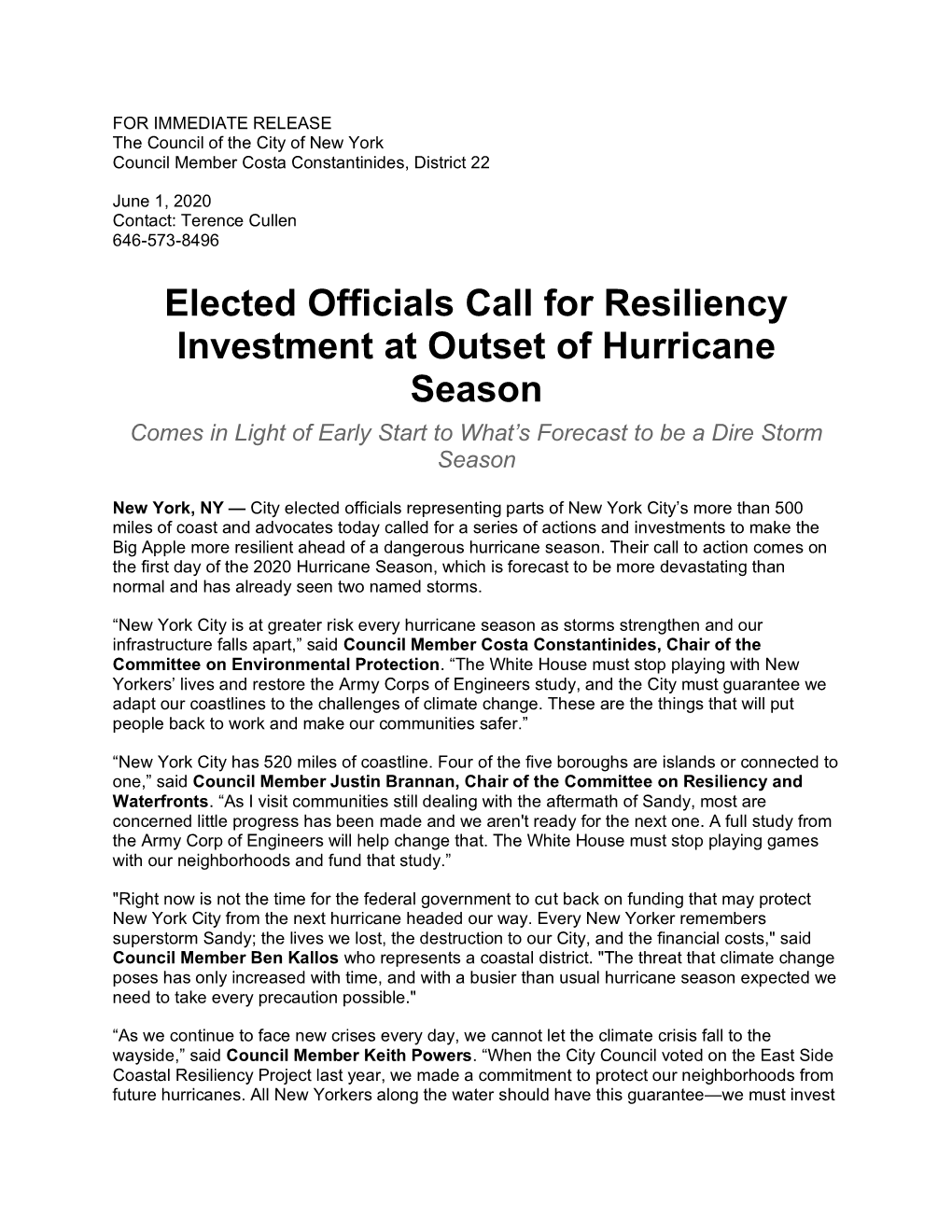 Elected Officials Call for Resiliency Investment at Outset of Hurricane Season Comes in Light of Early Start to What’S Forecast to Be a Dire Storm Season