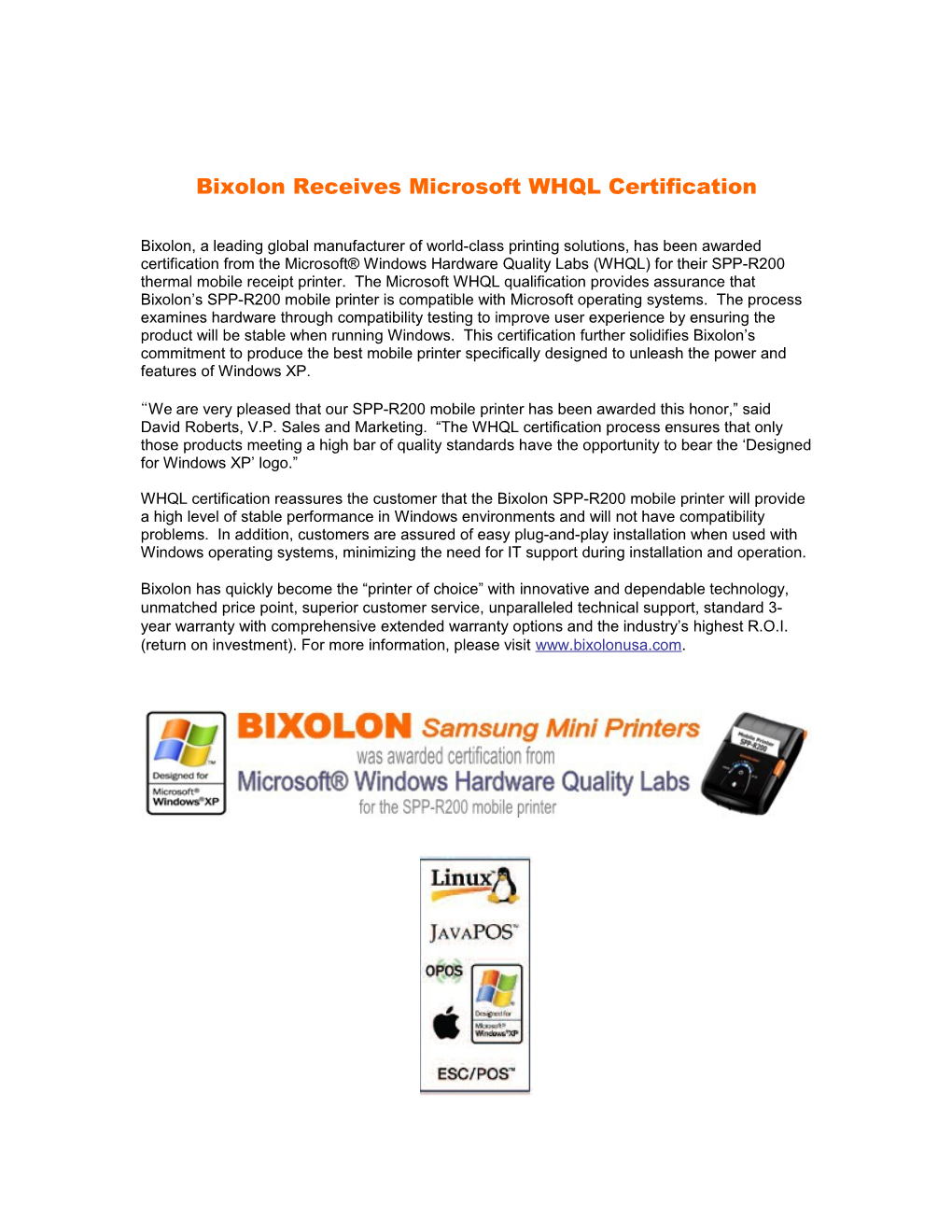 Bixolon Receives Microsoft WHQL Certification