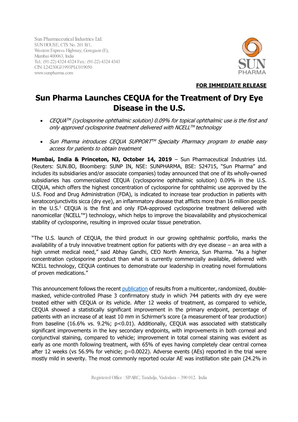 Sun Pharma Launches CEQUA for the Treatment of Dry Eye Disease in the U.S