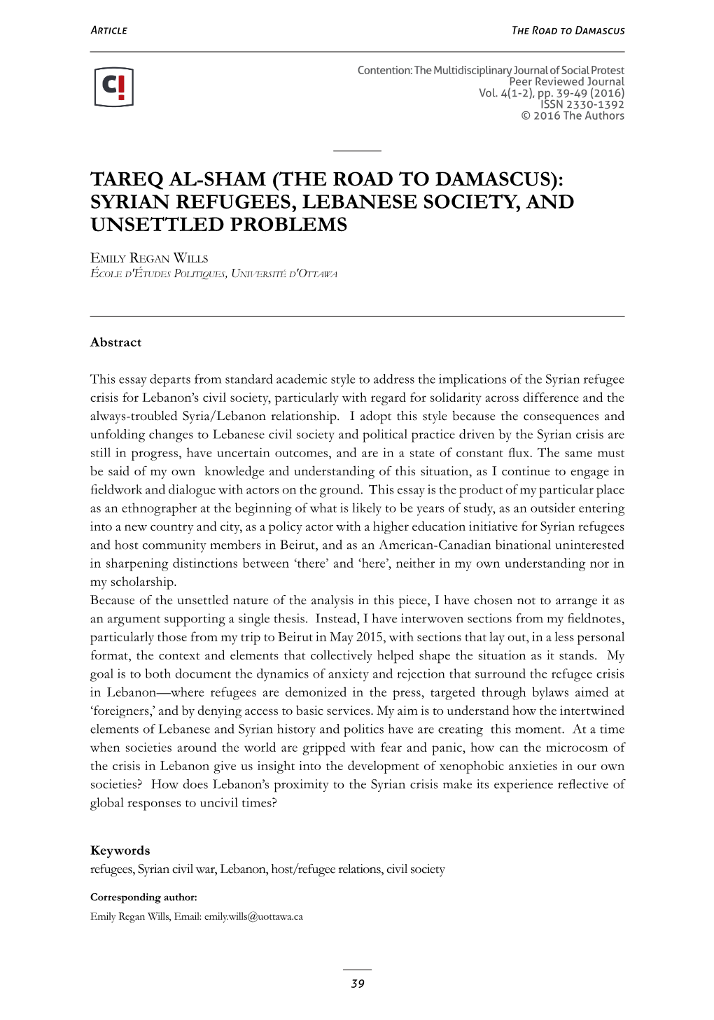 Tareq Al-Sham (The Road to Damascus): Syrian Refugees, Lebanese Society, and Unsettled Problems